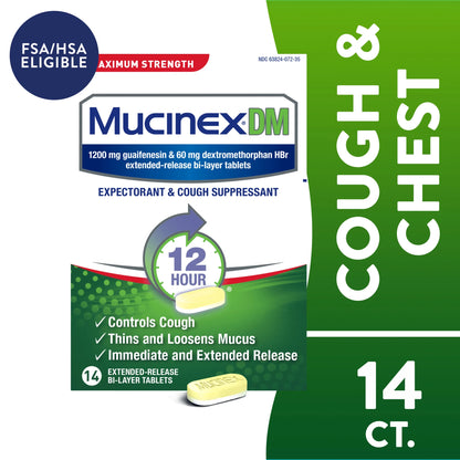 DM 12 Hour Max Strength Expectorant & Cough Medicine, Excess Mucus Relief, FSA, 14 Tablets