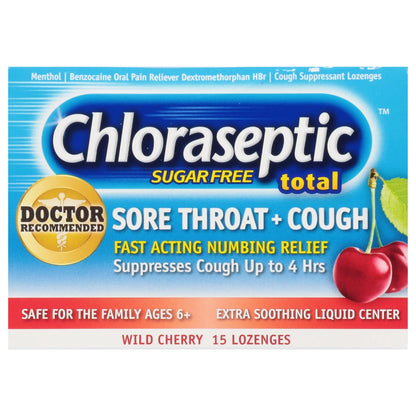 Total Sore Throat + Cough Lozenges, Sugar-Free Wild Cherry Flavor, 15 CT