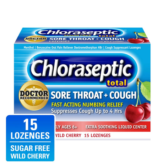 Total Sore Throat + Cough Lozenges, Sugar-Free Wild Cherry Flavor, 15 CT