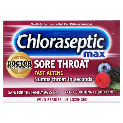 Max Strength Sore Throat Lozenges, Wild Berries Flavor Throat Remedy, 15 Count